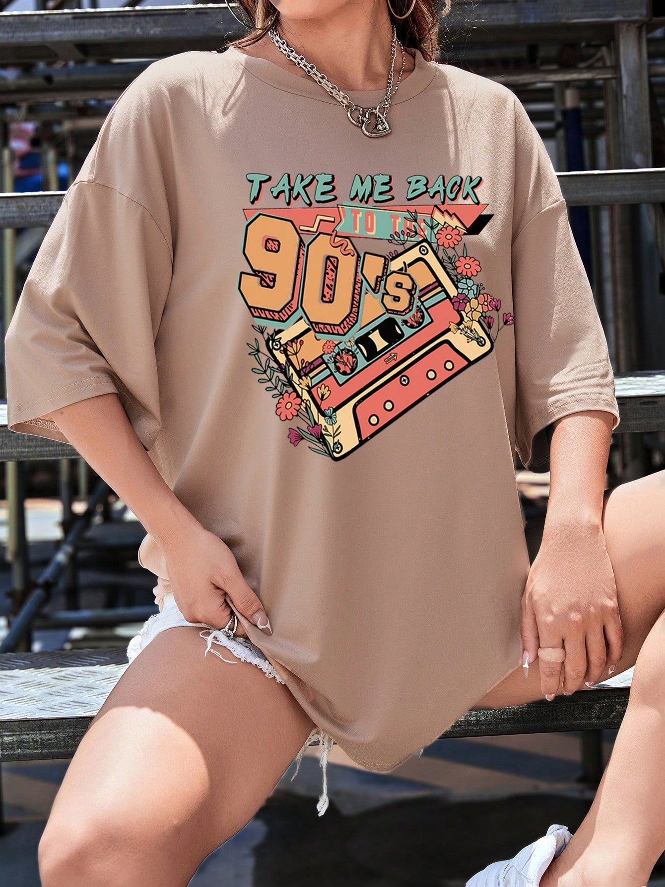 Floral And Letter Graphic Drop Shoulder Tee Graphic