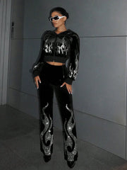 Rhinestone Fire Pattern Flare Leg Pants