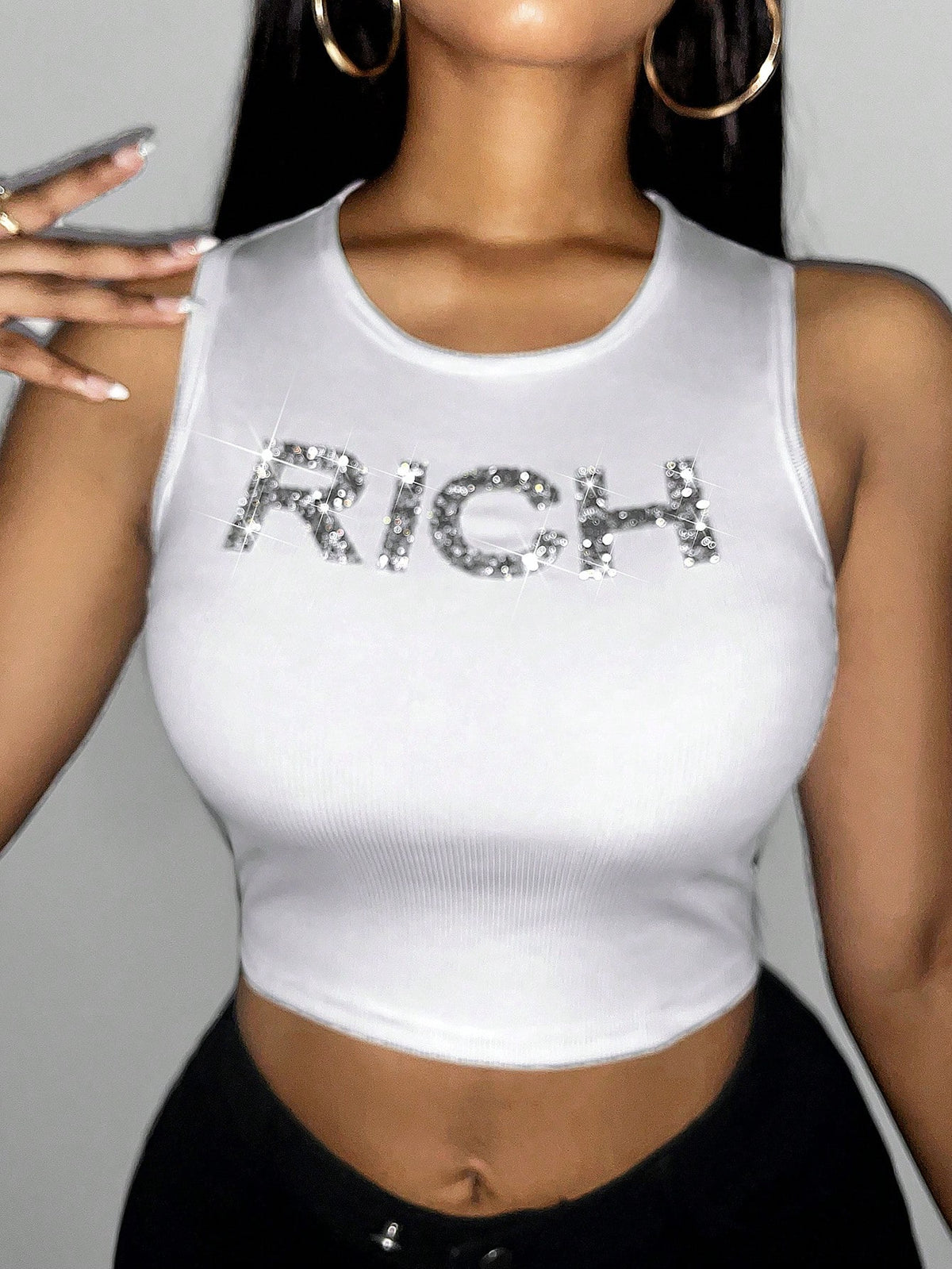 Rhinestone Letter Pattern Crop Graphic Tee