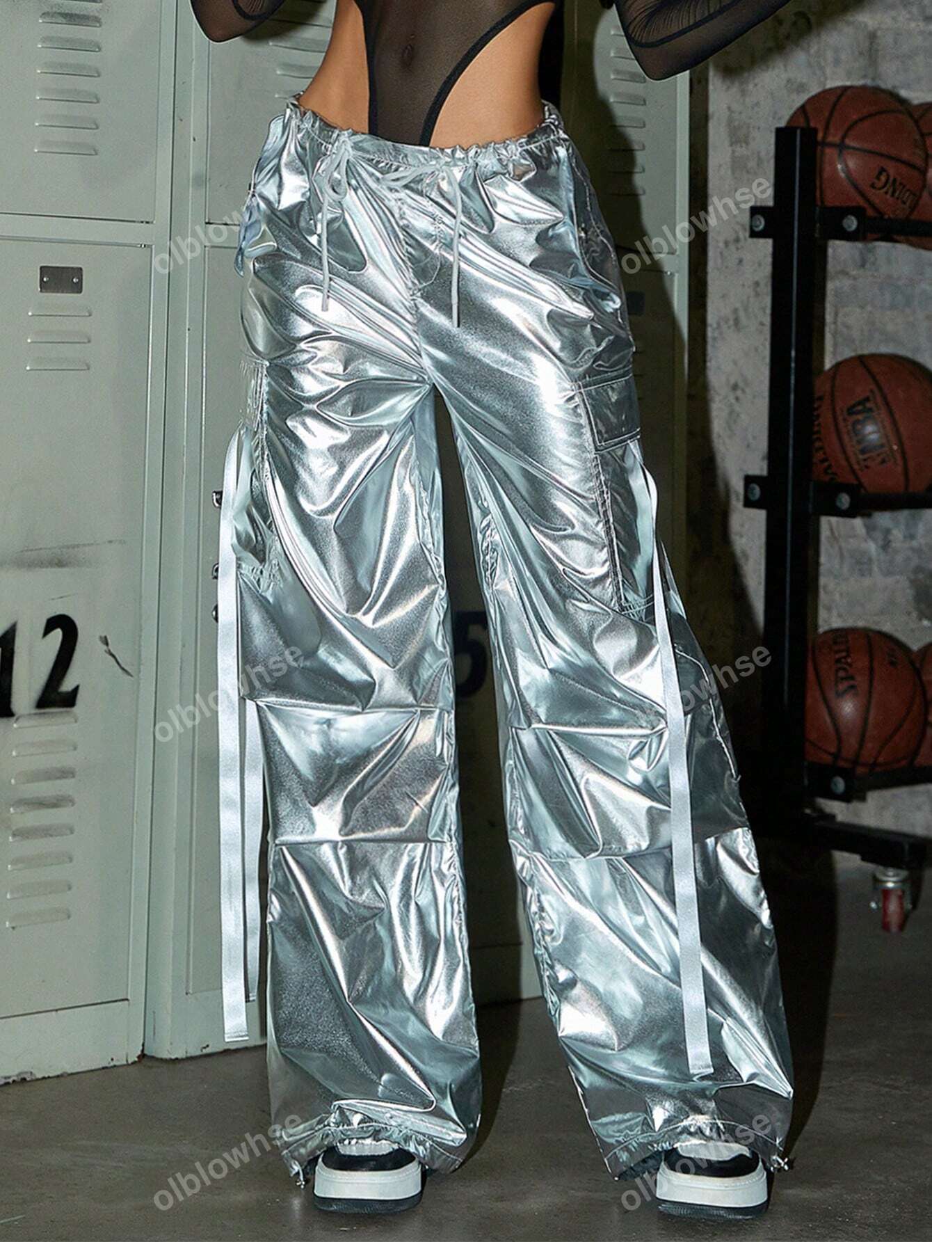 Flap Pocket Side With Ribbon Drawstring Wide Leg Parachute Cargo Pants