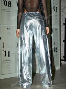Flap Pocket Side With Ribbon Drawstring Wide Leg Parachute Cargo Pants