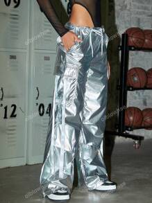 Flap Pocket Side With Ribbon Drawstring Wide Leg Parachute Cargo Pants