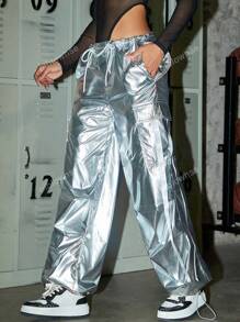 Flap Pocket Side With Ribbon Drawstring Wide Leg Parachute Cargo Pants