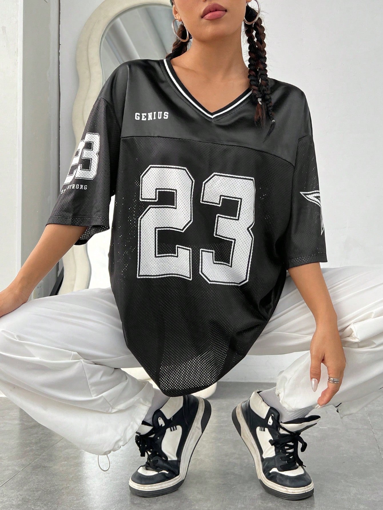 V-Neck Knitted Striped Number Printed Drop Shoulder Loose T-Shirt