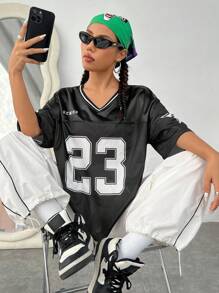 V-Neck Knitted Striped Number Printed Drop Shoulder Loose T-Shirt