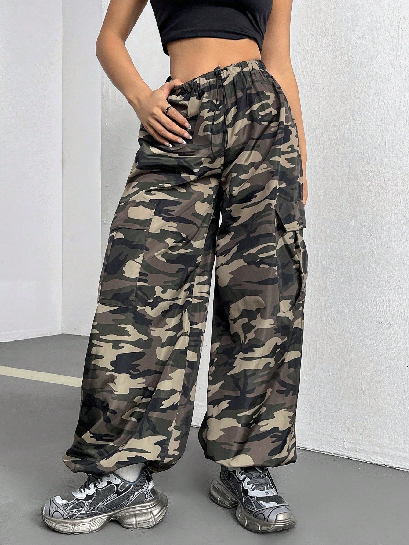 Camouflage Low Waist Parachute Pants