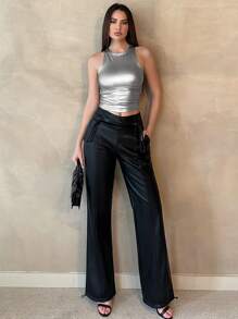 Metallic Texture Round Neck Pleated Tank Top