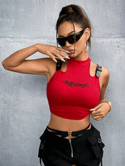 Grunge Buckle Strap Decorated Red Hollow Out Shoulder Cropped Tank Top