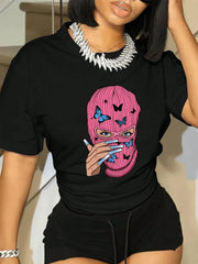 Butterfly Printed Short Sleeve T-Shirt With Character