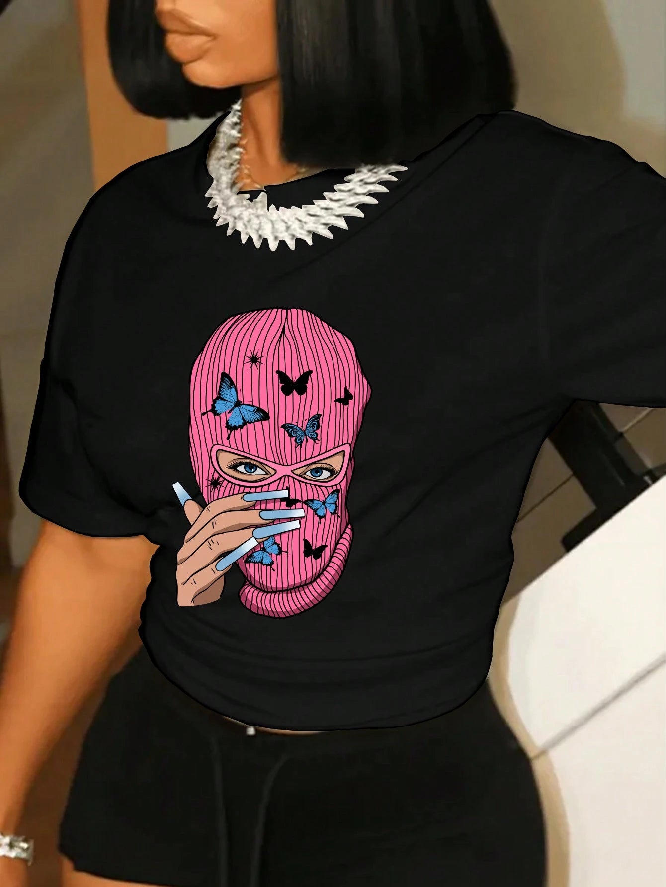 Butterfly Printed Short Sleeve T-Shirt With Character