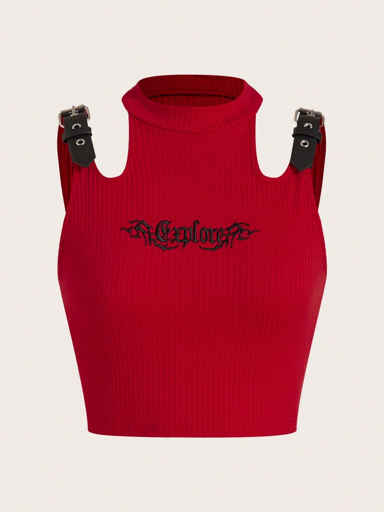 Grunge Buckle Strap Decorated Red Hollow Out Shoulder Cropped Tank Top