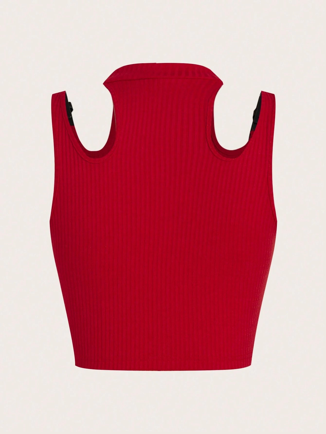 Grunge Buckle Strap Decorated Red Hollow Out Shoulder Cropped Tank Top