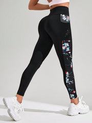 Floral Printed With Pockets And Side Stripes Sports Leggings