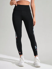 Floral Printed With Pockets And Side Stripes Sports Leggings