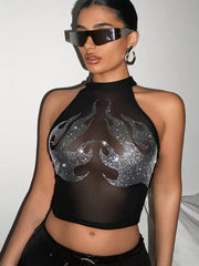 Flame Pattern Mesh Halterneck Tank Top