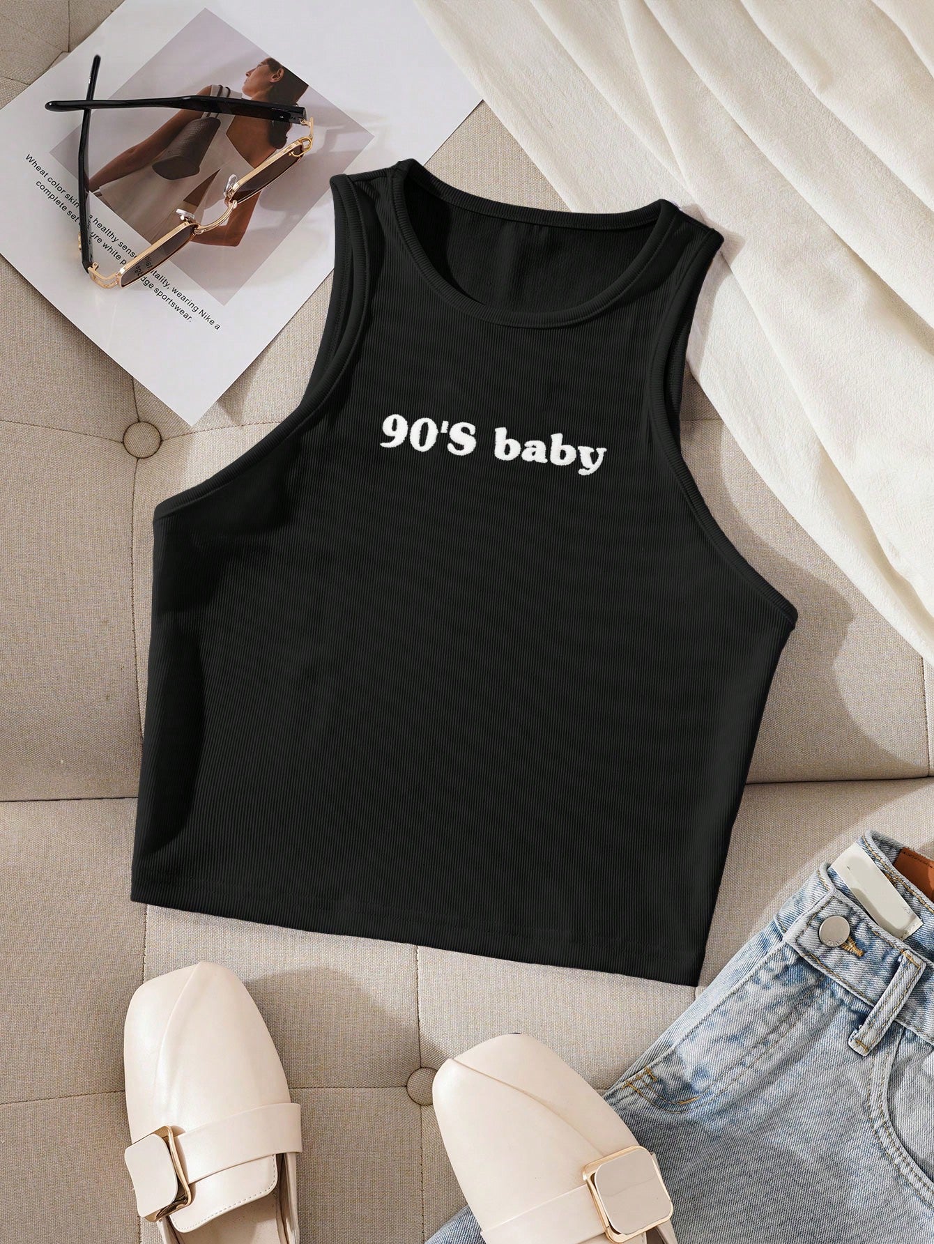 Letter Print Slim Fit Round Neck Tank Top