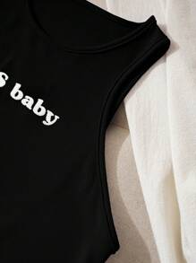 Letter Print Slim Fit Round Neck Tank Top