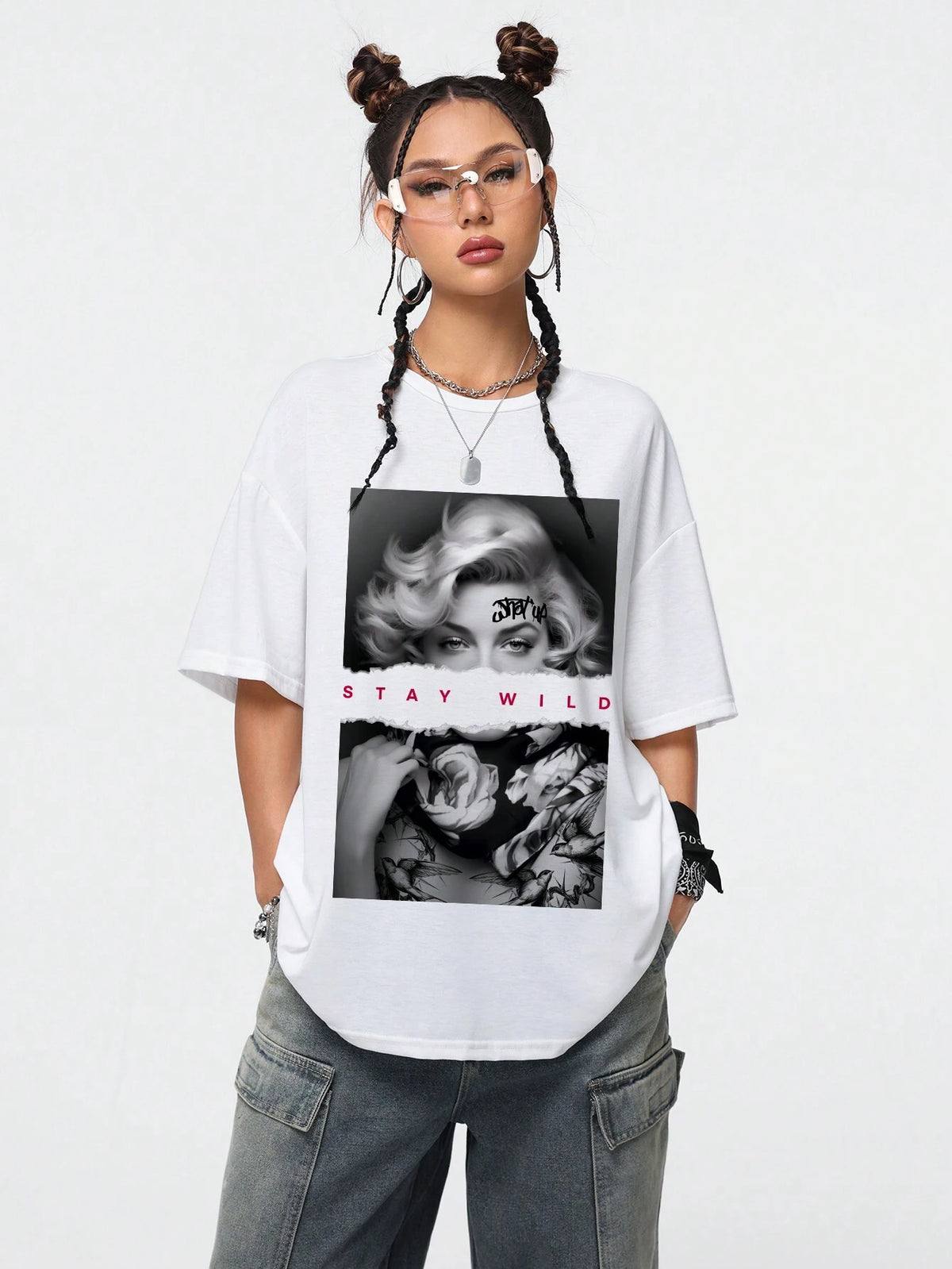 Portrait & Letter Print Round Neck Short Sleeve Loose Fit T-Shirt