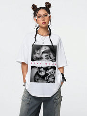 Portrait & Letter Print Round Neck Short Sleeve Loose Fit T-Shirt