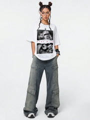 Portrait & Letter Print Round Neck Short Sleeve Loose Fit T-Shirt