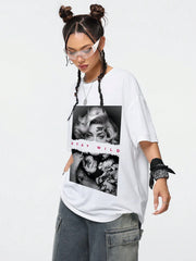 Portrait & Letter Print Round Neck Short Sleeve Loose Fit T-Shirt