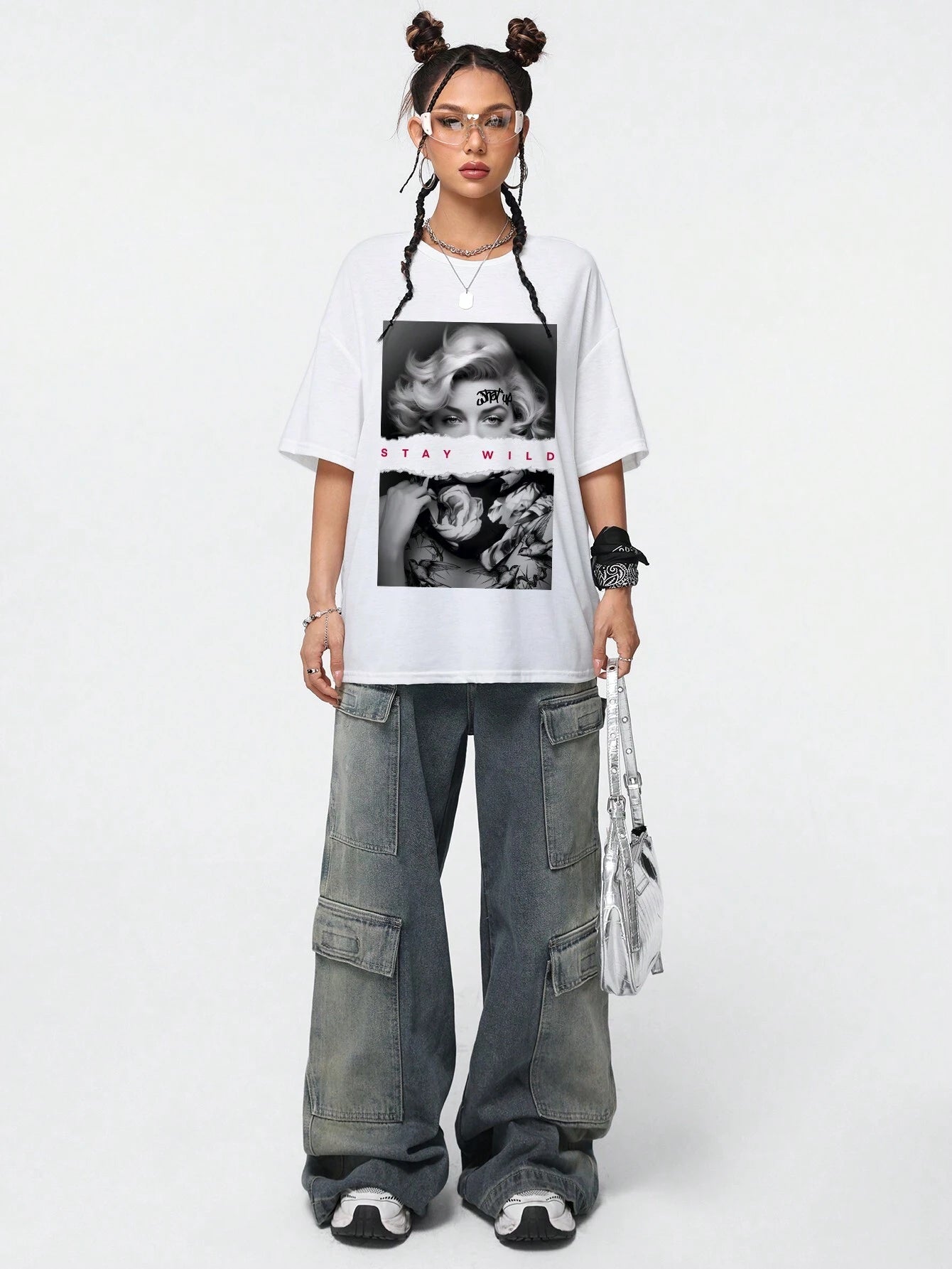 Portrait & Letter Print Round Neck Short Sleeve Loose Fit T-Shirt