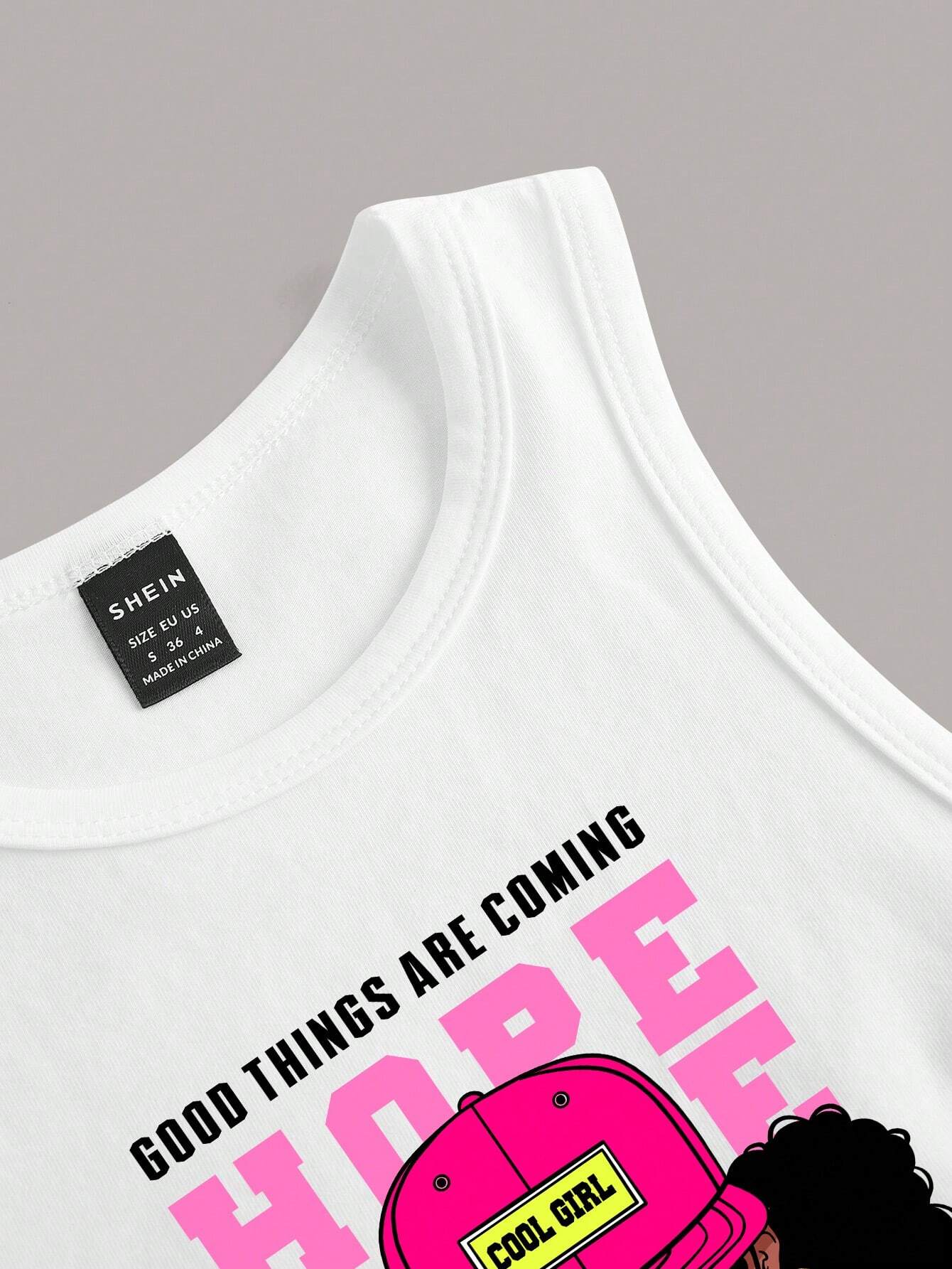 Cartoon Character & Slogan Graphic Cropped Casual Round Neck Fitted Tank Top