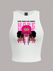 Cartoon Character & Slogan Graphic Cropped Casual Round Neck Fitted Tank Top