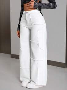 Loose Fit Patchwork Denim Pants With Fleece Decoration