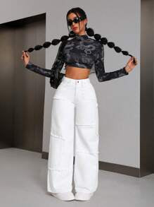 Loose Fit Patchwork Denim Pants With Fleece Decoration