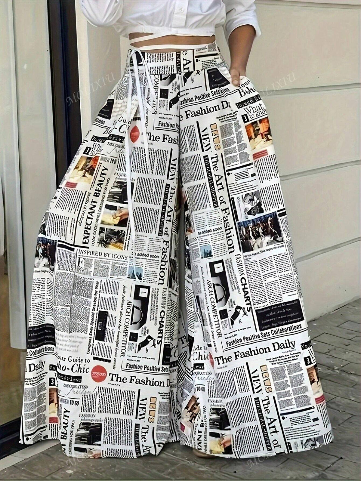 Random Print High Waisted Long Pants