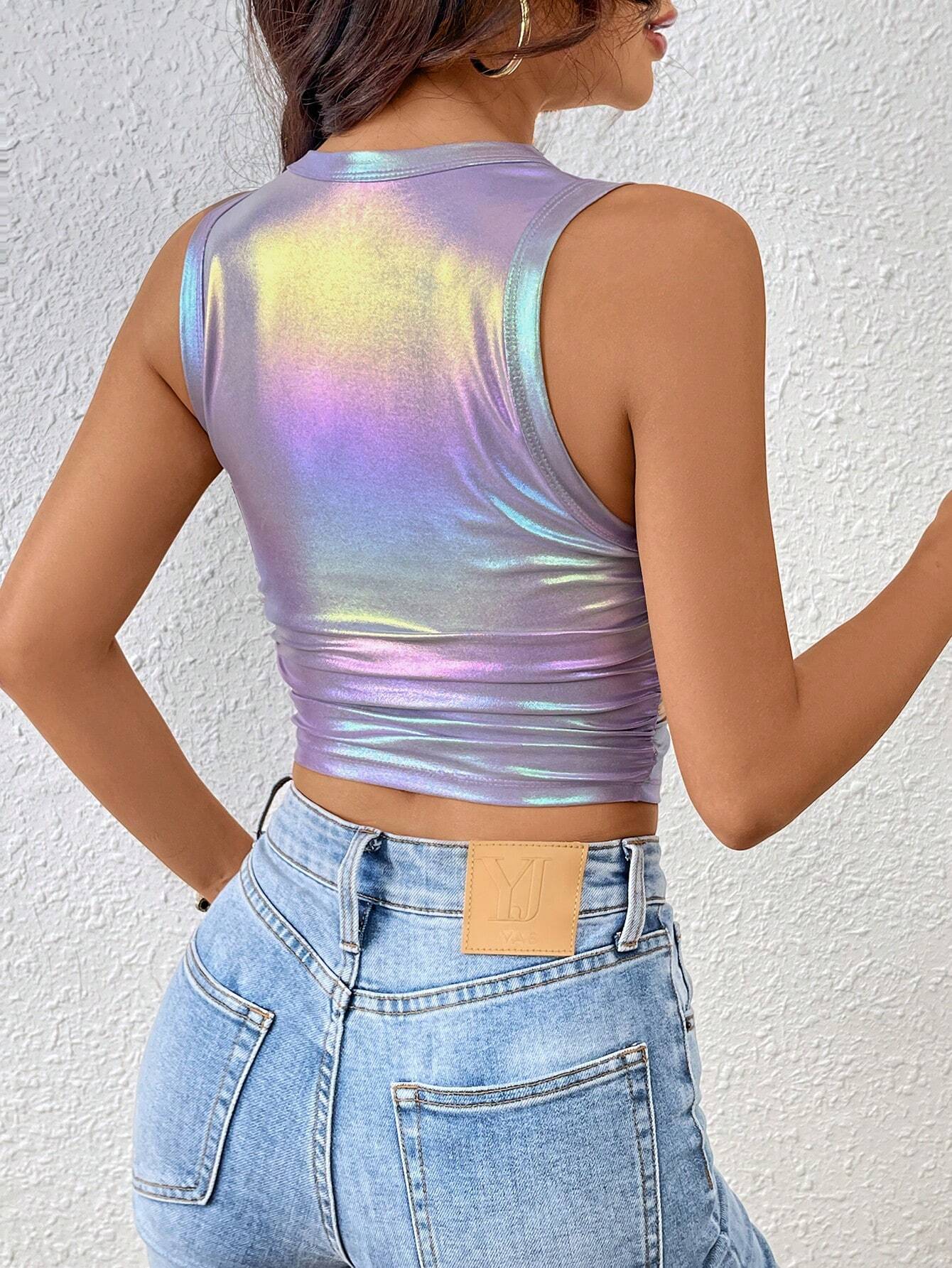 Round Neck Shiny Pleated Casual Tank Top