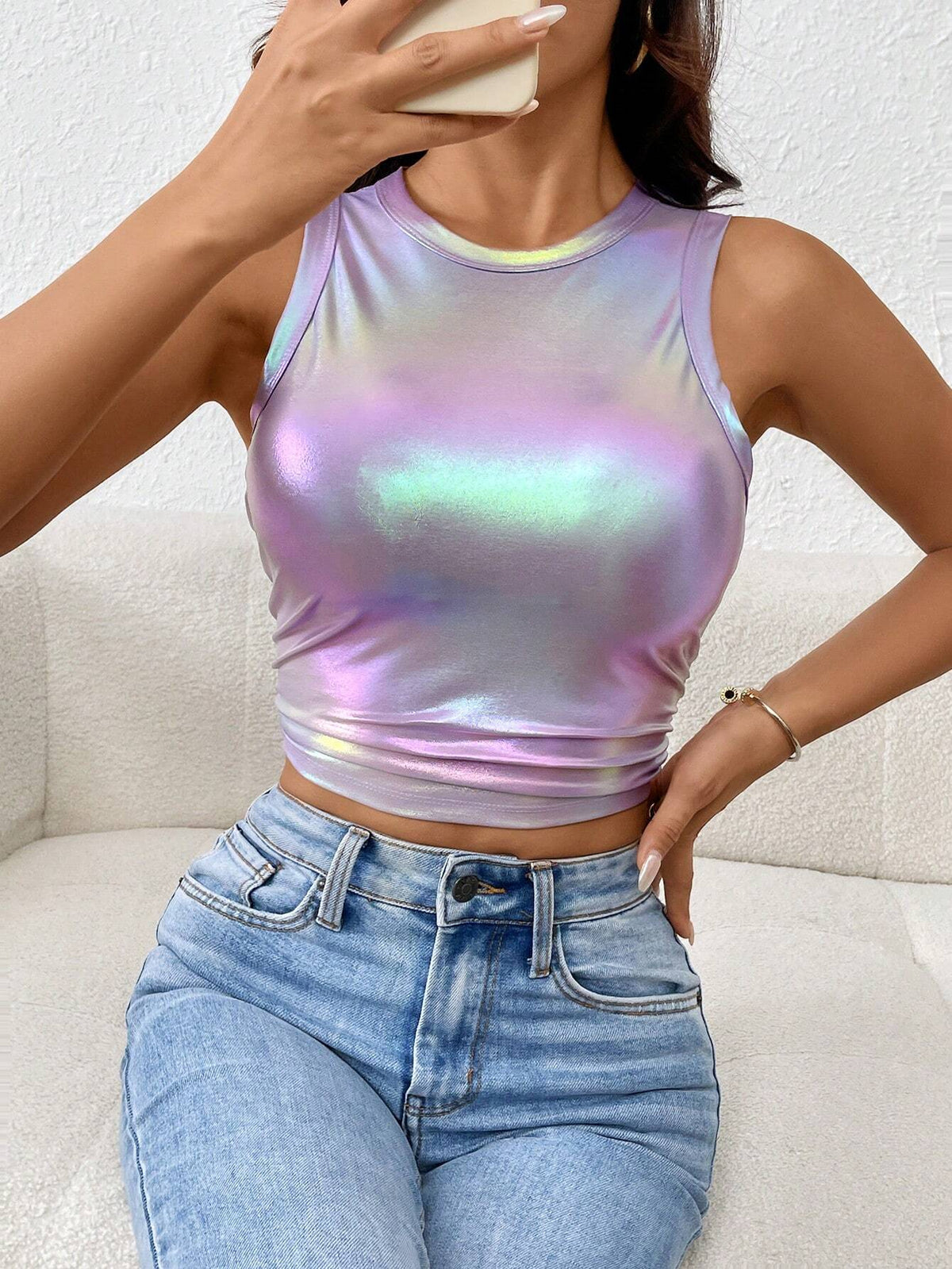 Round Neck Shiny Pleated Casual Tank Top