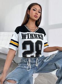 Color-Block Short Ribbed Sporty T-Shirt