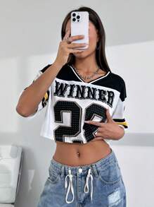 Color-Block Short Ribbed Sporty T-Shirt