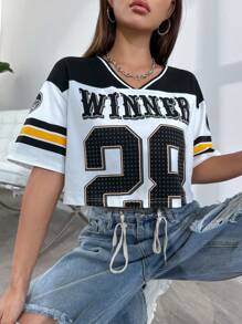 Color-Block Short Ribbed Sporty T-Shirt