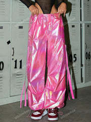 Flap Pocket Side With Ribbon Drawstring Wide Leg Parachute Cargo Pants