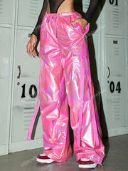 Flap Pocket Side With Ribbon Drawstring Wide Leg Parachute Cargo Pants