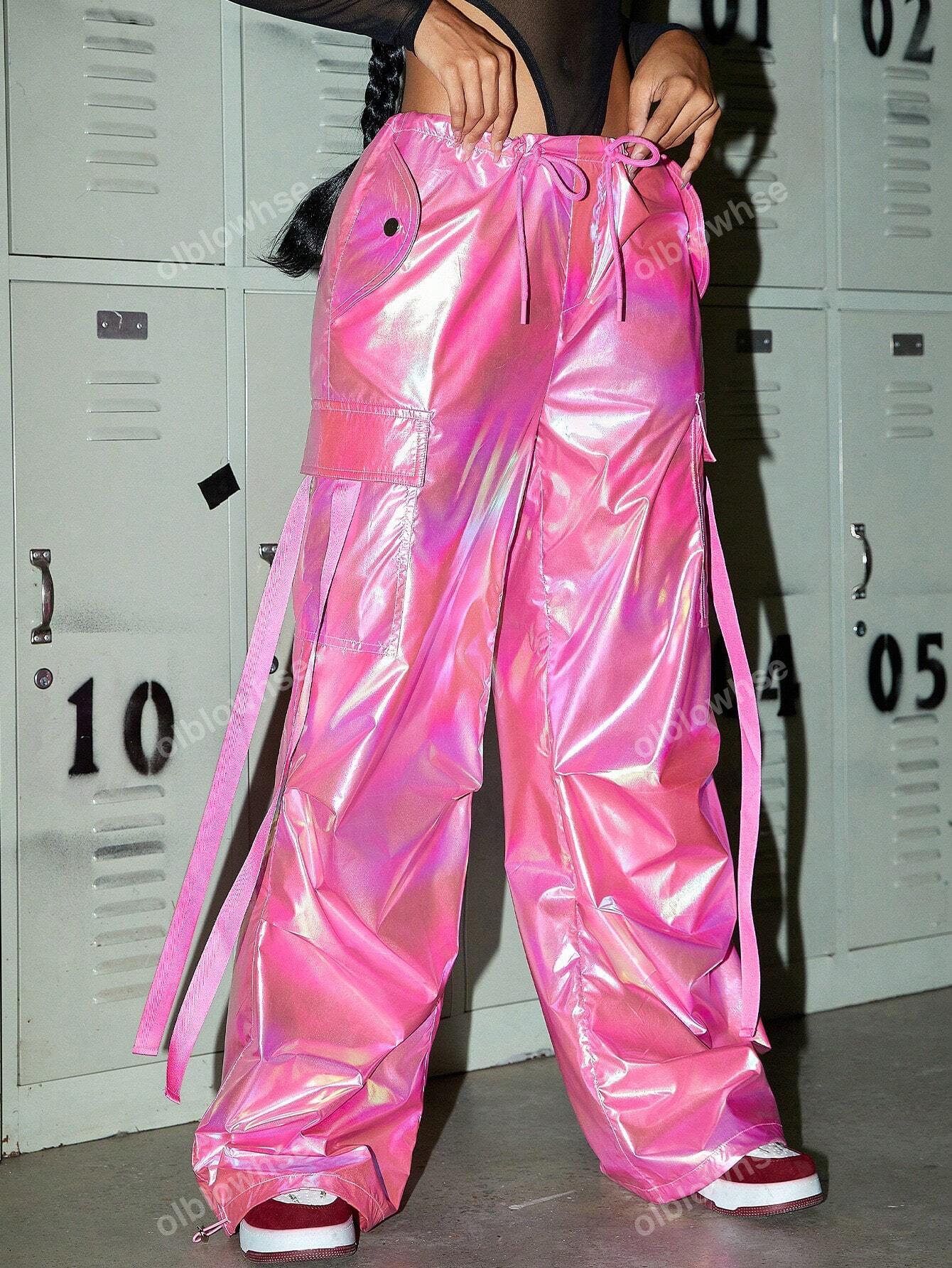 Flap Pocket Side With Ribbon Drawstring Wide Leg Parachute Cargo Pants