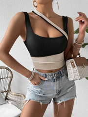 Slim Fit Sleeveless Tank Top With Asymmetric Contrast Color Collar SS24 - FD