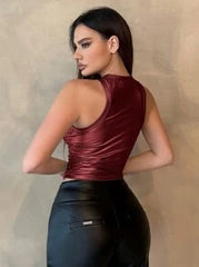 Metallic Texture Round Neck Pleated Tank Top