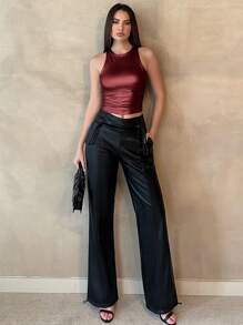 Metallic Texture Round Neck Pleated Tank Top