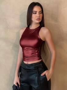 Metallic Texture Round Neck Pleated Tank Top