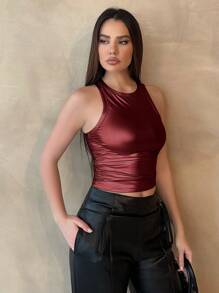 Metallic Texture Round Neck Pleated Tank Top