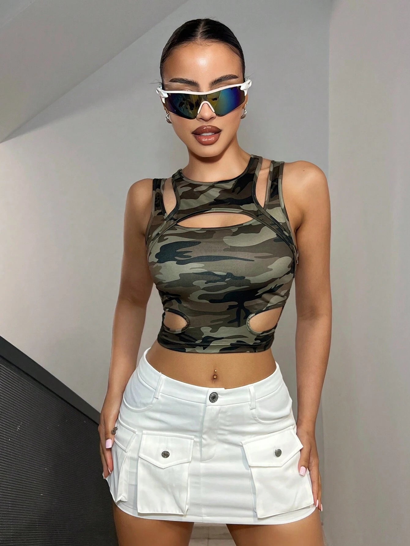Structural Camouflage Print Cropped Double Shoulder Straps Hollow Out Top