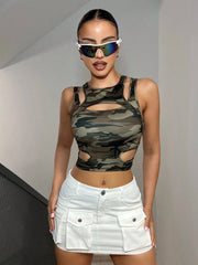 Structural Camouflage Print Cropped Double Shoulder Straps Hollow Out Top