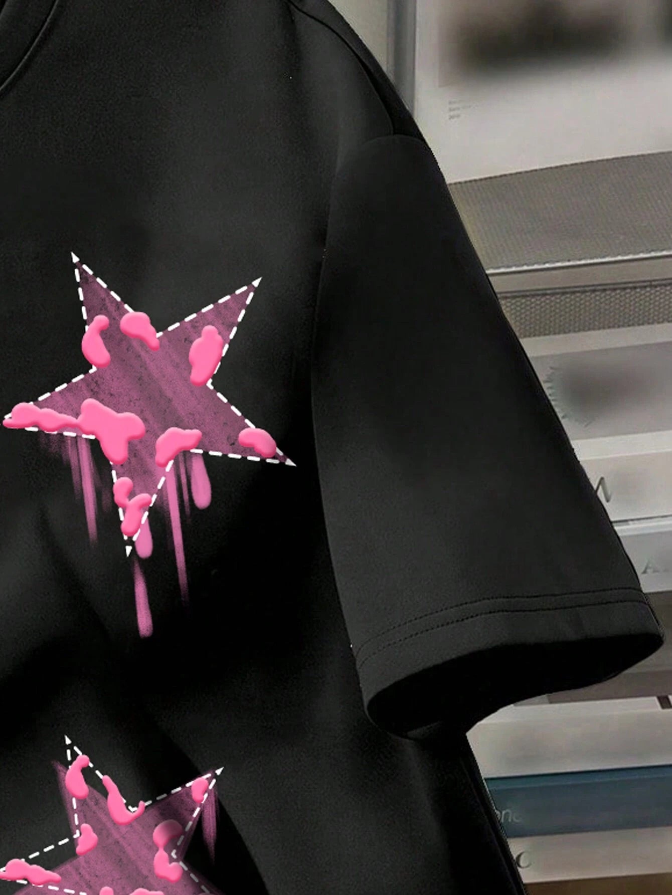 Pink Star Pattern Loose Round Neck Short Sleeve T-Shirt