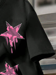 Pink Star Pattern Loose Round Neck Short Sleeve T-Shirt