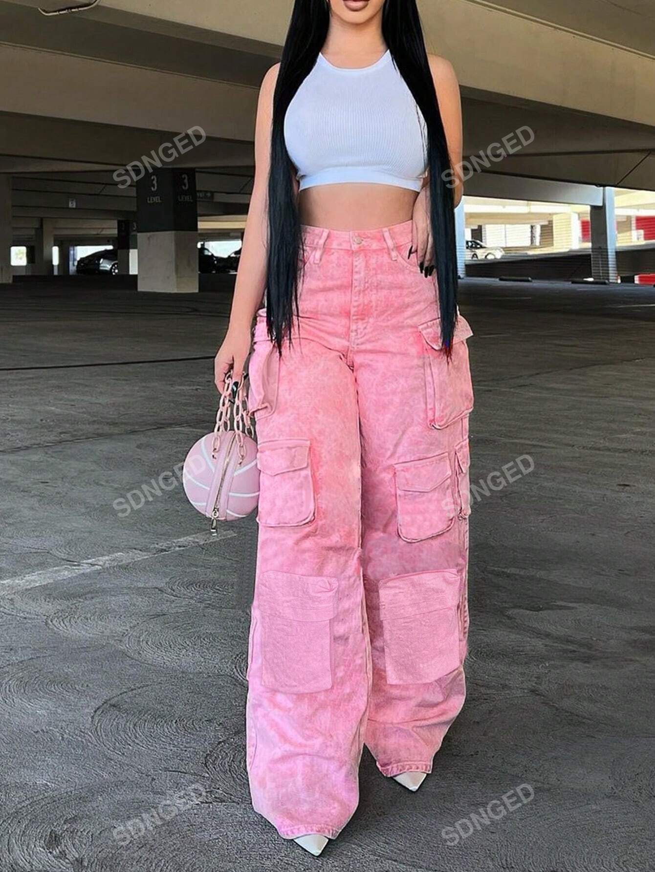 Faded Denim Pocket Washed Cargo Pants