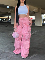 Faded Denim Pocket Washed Cargo Pants